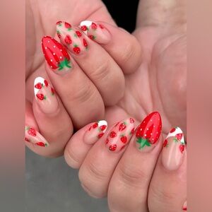 24 Pieces French Tip Strawberry Fruit Almond Press-On Nails